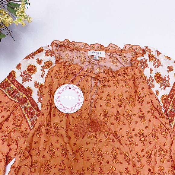 Umgee | Floral Long Puff Sleeve Keyhole Dress Ruffle Hem Tassel Tie Tiered Boho - Picture 12 of 16